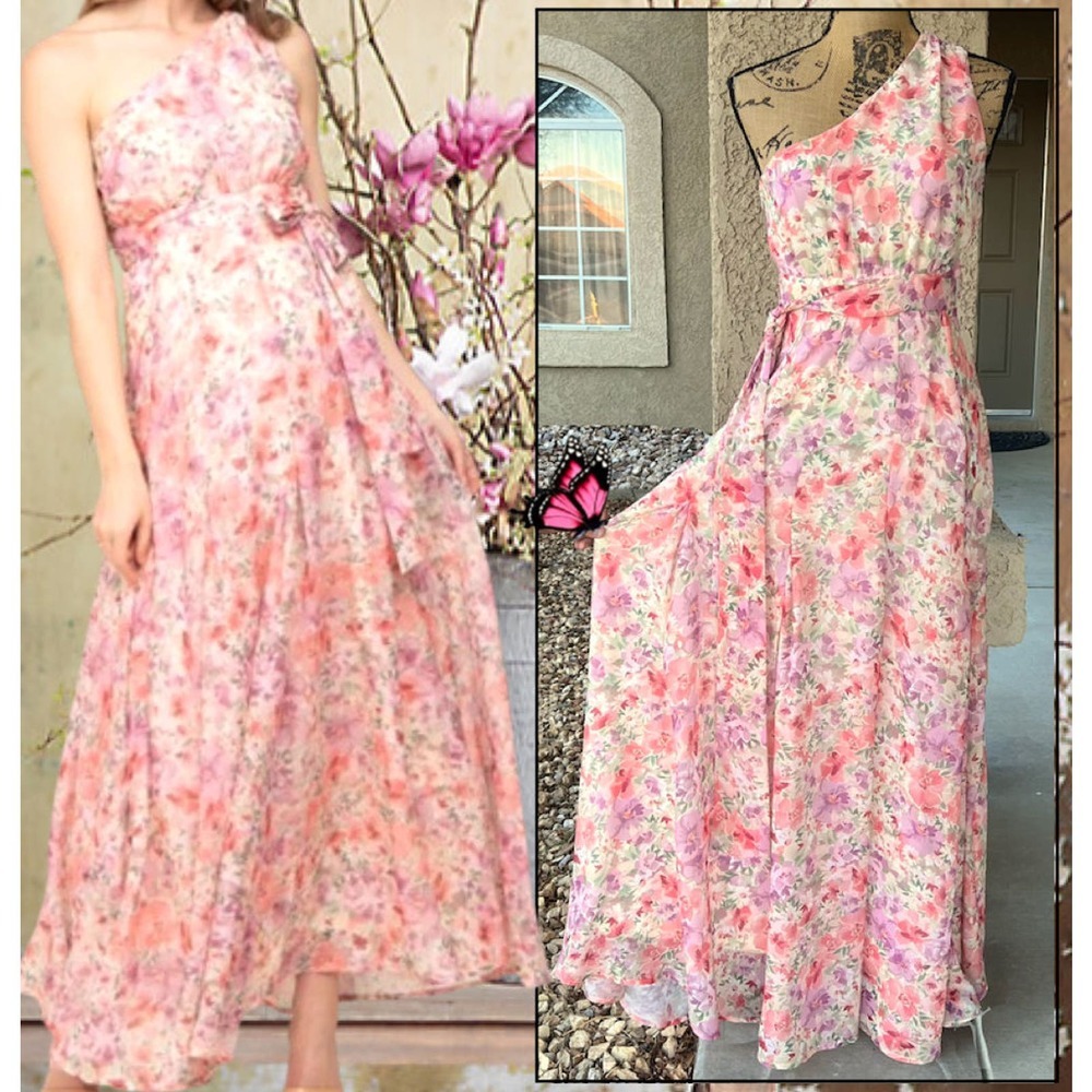 PinkBlush Pink Floral Chiffon One Shoulder Maternity Maxi Dress Size M SOLD-OUT